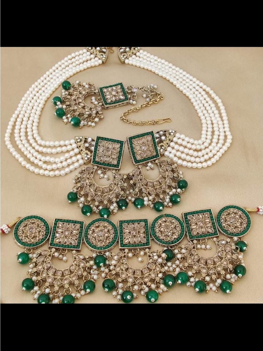 Pearl and Green Kundan Statement Necklace Set - Women Jewelry